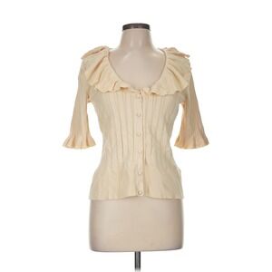 Flawed Gem! Nygard Collection Cream Ruffle Collar Pointelle Knit Cardigan Sz 8